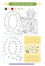 Letter Q and funny cartoon quail. Animals alphabet a-z. Coloring page. Printable worksheet. Handwriting practice. Connect the dots